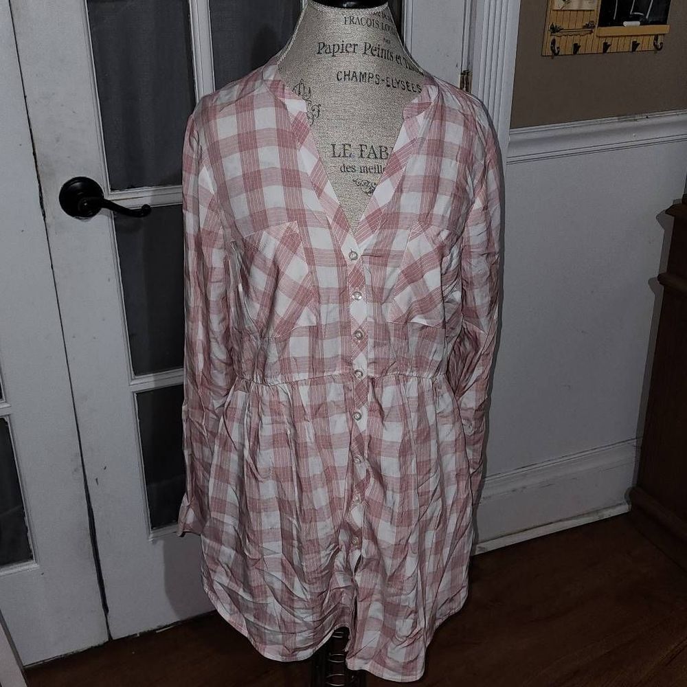 NWT Torrid Womens Pink White Emma Babydoll Twill Tunic Top 0 Large 12 New